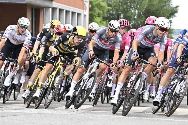 Tour de France 2025 Stage 1 LILLE METROPOLE, FRANCE - JULY 05 : Campenaerts Victor (BEL) of Team Visma - Lease a Bike, Van Der Poel Mathieu (NED) of Alpecin - Deceuninck in action during stage 1 of the 112th edition of Tour de France an UCI World Tour 2.UWT cycling road race stage for Men Elite of 185 km with start in Lille Metropole and finish in Lille Metropole on July 5, 2025 in Lille Metropole, France, 05 07 2025 ( Motordriver Kenny Verfaillie - Lille Metropole France  Copyright: xJanxDexMeuleneirx