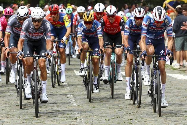 Belgian Remco Evenepoel of Soudal Quick-Step pictured in action during the first stage, Lille Metropole to Lille Metropole (185 km), of the 2025 Tour de France cycling race, in Lille, France, on Saturday 05 July 2025. The 112th edition of the Tour de France starts on Saturday 5 July in Lille, France, and will finish in Paris, France on the 27th of July. DAVIDxPINTENS  x128483167x