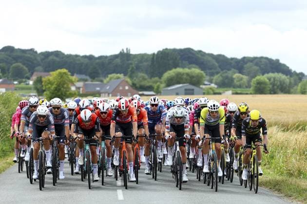 The pack of riders pictured in action during the first stage, Lille Metropole to Lille Metropole (185 km), of the 2025 Tour de France cycling race, in Lille, France, on Saturday 05 July 2025. The 112th edition of the Tour de France starts on Saturday 5 July in Lille, France, and will finish in Paris, France on the 27th of July. DAVIDxPINTENS  x128485984x
