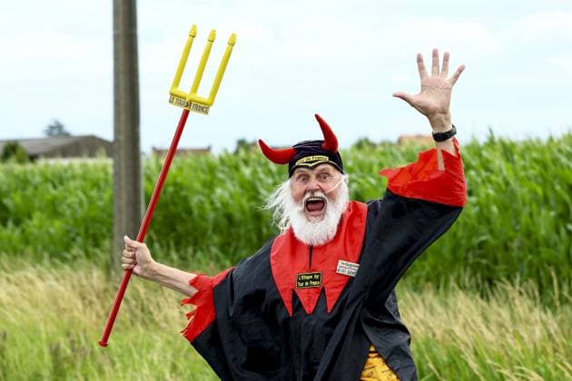 Didi the devil pictured in action during the first stage, Lille Metropole to Lille Metropole (185 km), of the 2025 Tour de France cycling race, in Lille, France, on Saturday 05 July 2025. The 112th edition of the Tour de France starts on Saturday 5 July in Lille, France, and will finish in Paris, France on the 27th of July. DAVIDxPINTENS  x128486801x