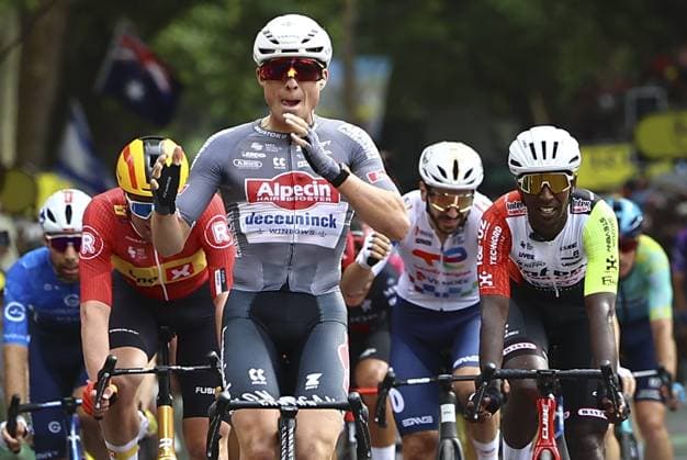 Belgian Jasper Philipsen of Alpecin-Deceuninck celebrates after winning the first stage, Lille Metropole to Lille Metropole (185 km), of the 2025 Tour de France cycling race, in Lille, France, on Saturday 05 July 2025. The 112th edition of the Tour de France starts on Saturday 5 July in Lille, France, and will finish in Paris, France on the 27th of July. DAVIDxPINTENS  x128487268x