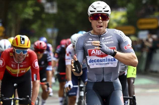 Belgian Jasper Philipsen of Alpecin-Deceuninck celebrates after winning the first stage, Lille Metropole to Lille Metropole (185 km), of the 2025 Tour de France cycling race, in Lille, France, on Saturday 05 July 2025. The 112th edition of the Tour de France starts on Saturday 5 July in Lille, France, and will finish in Paris, France on the 27th of July. DAVIDxPINTENS  x128487348x