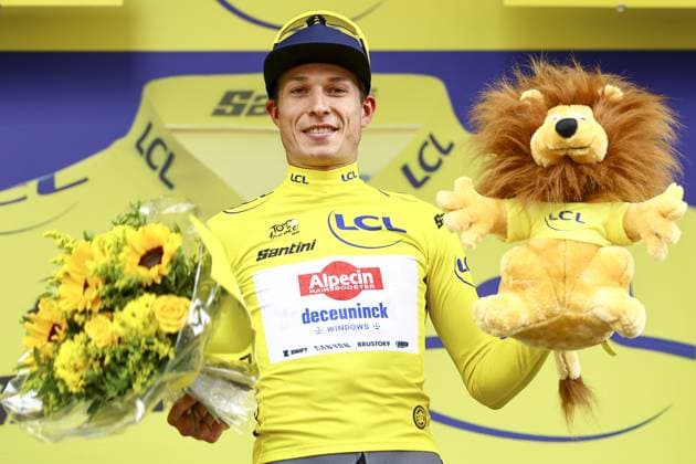 Belgian Jasper Philipsen of Alpecin-Deceuninck celebrates in the yellow jersey of leader in the overall ranking after the first stage, Lille Metropole to Lille Metropole (185 km), of the 2025 Tour de France cycling race, in Lille, France, on Saturday 05 July 2025. The 112th edition of the Tour de France starts on Saturday 5 July in Lille, France, and will finish in Paris, France on the 27th of July. DAVIDxPINTENS  x128488962x
