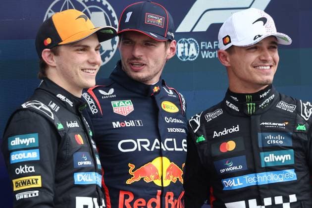 F1 British Grand Prix 2025 Qualifying Oscar Piastri of McLaren, Max Verstappen of Red Bull Racing and Lando Norris of McLaren after qualifying ahead of the Formula 1 British Grand Prix at Silverstone Circuit in Northampton, Great Britain on July 5, 2025. Northampton United Kingdom  Copyright: xJakubxPorzyckix originalFilename:porzycki-f1britis250705_npMRo.jpg