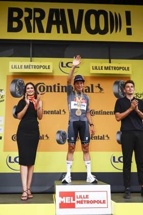 Belgian Jasper Philipsen of Alpecin-Deceuninck celebrates after the first stage, Lille Metropole to Lille Metropole (185 km), of the 2025 Tour de France cycling race, in Lille, France, on Saturday 05 July 2025. The 112th edition of the Tour de France starts on Saturday 5 July in Lille, France, and will finish in Paris, France on the 27th of July. DAVIDxPINTENS  x128488993x