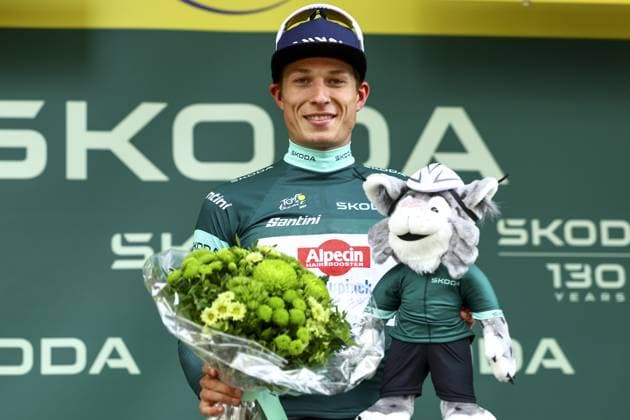Belgian Jasper Philipsen of Alpecin-Deceuninck celebrates in the green jersey of leader in the points ranking after the first stage, Lille Metropole to Lille Metropole (185 km), of the 2025 Tour de France cycling race, in Lille, France, on Saturday 05 July 2025. The 112th edition of the Tour de France starts on Saturday 5 July in Lille, France, and will finish in Paris, France on the 27th of July. DAVIDxPINTENS  x128489472x