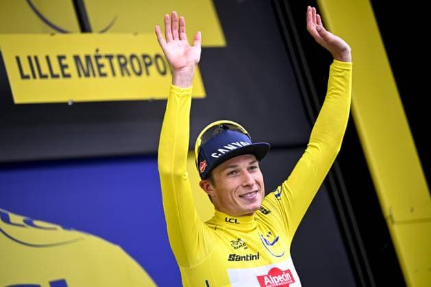 Belgian Jasper Philipsen of Alpecin-Deceuninck celebrates in the yellow jersey of leader in the overall ranking after the first stage, Lille Metropole to Lille Metropole (185 km), of the 2025 Tour de France cycling race, in Lille, France, on Saturday 05 July 2025. The 112th edition of the Tour de France starts on Saturday 5 July in Lille, France, and will finish in Paris, France on the 27th of July. JASPERxJACOBS  x128489911x
