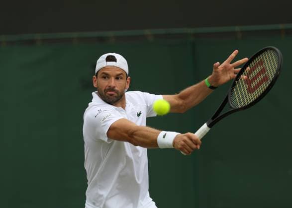 5th July 2025; All England Lawn Tennis and Croquet Club, London, England; Wimbledon Tennis Tournament, Day 6; Grigor Dimitrov (BUL) with a backhand shot to Sebastian Ofner (AUS)  ActionPlus12809908 JohnxPatrickxFletcher