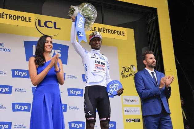 CICLISMO - Tour De France - Tour de France 2025 - Stage 1 Biniam GIRMAY, Intermarche - Wanty, during the award ceremony, white jersey, during the Tour de France 2025, UCI WorldTour cycling event, Stage 1, Lille Metropole - Lille Metropole (184,9 Km) on 5 July 2025 in Lille, France during Tour de France 2025 - Stage 1, Tour De France race in France, France, July 05 2025 France France Copyright: xIPAxSport ABACAx