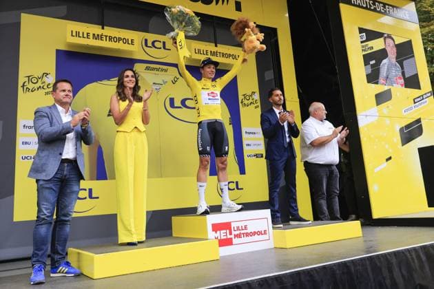 Jasper Philipsen Wins First Stage Of Tour De France - Lille Jasper PHILIPSEN, Alpecin - Deceuninck, yellow jersey, winner stage, during the Tour de France 2025, UCI WorldTour cycling event, Stage 1, Lille Metropole - Lille Metropole (184,9 Km) on 5 July 2025 in Lille, France. Photo by Stefano Cavasino IPA ABACAPRESS.COM Lille France  Copyright: xIPAxSport ABACAx