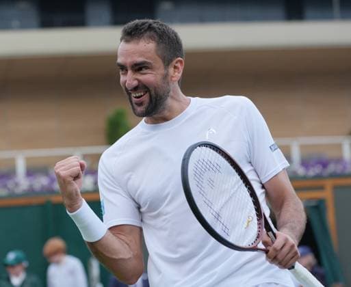 Tennis - 2025 Wimbledon Championships - Men™s singles - 3rd round - Marin Cilic v Jaume Lunar All England Lawn Tennis & Croquet Club - Friday 5th July 2025 Marin Cilic of Croatia celebrates winning match point 