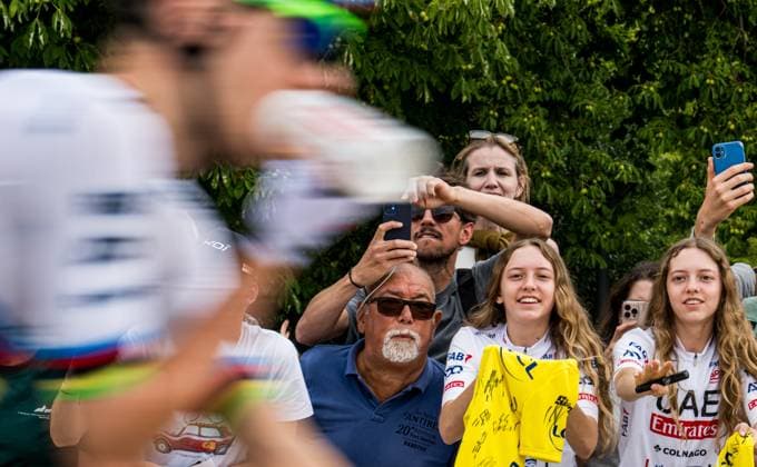 Slovenian Tadej Pogacar of UAE Team Emirates pictured with fans before the first stage, Lille Metropole to Lille Metropole (185 km), of the 2025 Tour de France cycling race, in Lille, France, on Saturday 05 July 2025. The 112th edition of the Tour de France starts on Saturday 5 July in Lille, France, and will finish in Paris, France on the 27th of July. JASPERxJACOBS  x128503895x