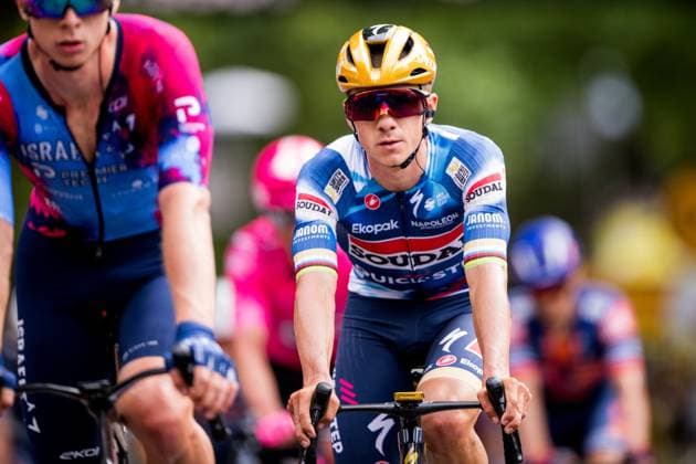 Belgian Remco Evenepoel of Soudal Quick-Step pictured in action during the first stage, Lille Metropole to Lille Metropole (185 km), of the 2025 Tour de France cycling race, in Lille, France, on Saturday 05 July 2025. The 112th edition of the Tour de France starts on Saturday 5 July in Lille, France, and will finish in Paris, France on the 27th of July. JASPERxJACOBS  x128504368x