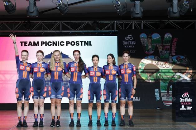 TEAM PICNIC POSTNL During the team presentation ahead of the Giro d™Italia women cycling race in Bergamo. The race starts on Sunday July 6, with the first Tudor ITT stage over 14,2 km, from and to Bergamo, North Italy - Saturday, July 5, 2025. - cycling .  Copyright: xStefanoxNicoli LaPressex