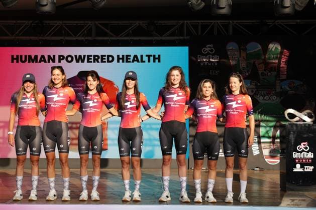 HUMAN POWERED HEALTH During the team presentation ahead of the Giro d™Italia women cycling race in Bergamo. The race starts on Sunday July 6, with the first Tudor ITT stage over 14,2 km, from and to Bergamo, North Italy - Saturday, July 5, 2025. - cycling .  Copyright: xStefanoxNicoli LaPressex