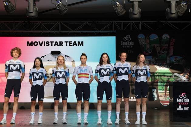 MOVISTAR TEAM During the team presentation ahead of the Giro d™Italia women cycling race in Bergamo. The race starts on Sunday July 6, with the first Tudor ITT stage over 14,2 km, from and to Bergamo, North Italy - Saturday, July 5, 2025. - cycling .  Copyright: xStefanoxNicoli LaPressex