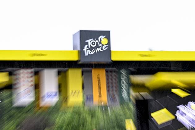 A sign of Tour de France pictured at the start of the second stage of the 2025 Tour de France cycling race, from Lauwin-Planque to Boulogne-sur-Mer (212 km), on Sunday 06 July 2025 in France. The 112th edition of the Tour de France starts on Saturday 5 July in Lille, and will finish in Paris on the 27th of July. JASPERxJACOBS  x128531070x