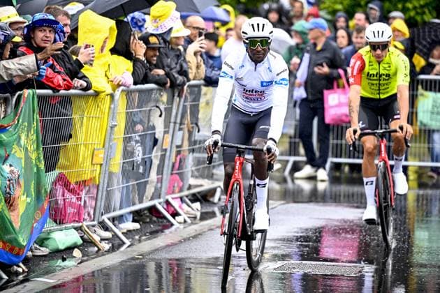 Eritrean Biniam Girmay Hailu of Intermarche-Wanty pictured at the start of the second stage of the 2025 Tour de France cycling race, from Lauwin-Planque to Boulogne-sur-Mer (212 km), on Sunday 06 July 2025 in France. The 112th edition of the Tour de France starts on Saturday 5 July in Lille, and will finish in Paris on the 27th of July. JASPERxJACOBS  x128532308x