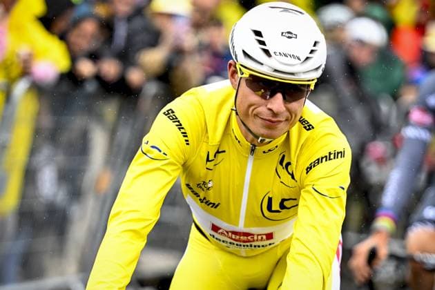 Belgian Jasper Philipsen of Alpecin-Deceuninck wearing the yellow jersey pictured at the start of the second stage of the 2025 Tour de France cycling race, from Lauwin-Planque to Boulogne-sur-Mer (212 km), on Sunday 06 July 2025 in France. The 112th edition of the Tour de France starts on Saturday 5 July in Lille, and will finish in Paris on the 27th of July. JASPERxJACOBS  x128532588x