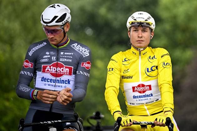 Dutch Mathieu van der Poel of Alpecin-Deceuninck and Belgian Jasper Philipsen of Alpecin-Deceuninck wearing the yellow jersey pictured at the start of the second stage of the 2025 Tour de France cycling race, from Lauwin-Planque to Boulogne-sur-Mer (212 km), on Sunday 06 July 2025 in France. The 112th edition of the Tour de France starts on Saturday 5 July in Lille, and will finish in Paris on the 27th of July. JASPERxJACOBS  x128534031x