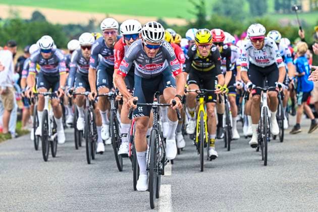 Tour de France 2025 Stage 2 BOULOGNE-SUR-MER, FRANCE - JULY 06 : Dillier Silvan (CHE) of Alpecin-Deceuninck leading the peloton during stage 2 of the 112th edition of Tour de France an UCI World Tour 2.UWT cycling road race stage for Men Elite of 212 km with start in Lauwin-Planque and finish in Boulogne-sur-Mer on July 6, 2025 in Boulogne-sur-Mer, France, 06 07 2025 ( Motordriver Kenny Verfaillie - Boulogne-sur-Mer France  Copyright: xJanxDexMeuleneirx