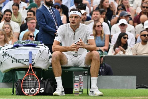 Wimbledon Tennis Championships - Day 7 LONDON, ENGLAND - JULY 06: Taylor Fritz of the United States plays in the Men’s singles fourth round match against Jordan Thompson of Australia (not seen) during day seven of The Championships Wimbledon 2025 at All England Lawn Tennis and Croquet Club on July 06, 2025 in London, England. Ray Tang Anadolu London United Kingdom. Editorial use only. Please get in touch for any other usage.  Copyright: x2025xAnadoluxRayxTangx