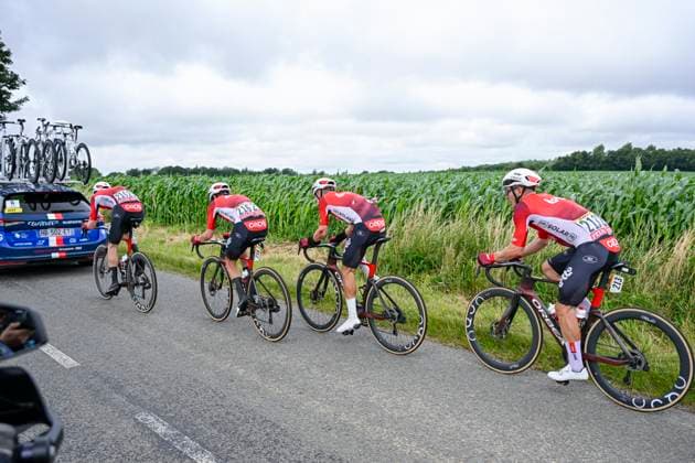 Tour de France 2025 Stage 2 BOULOGNE-SUR-MER, FRANCE - JULY 06 : De Buyst Jasper (BEL) of Lotto, Sepulveda Eduardo (ARG) of Lotto, Drizners Jarrad (AUS) of Lotto in action during stage 2 of the 112th edition of Tour de France an UCI World Tour 2.UWT cycling road race stage for Men Elite of 212 km with start in Lauwin-Planque and finish in Boulogne-sur-Mer on July 6, 2025 in Boulogne-sur-Mer, France, 06 07 2025 ( Motordriver Kenny Verfaillie - Boulogne-sur-Mer France  Copyright: xJanxDexMeuleneirx