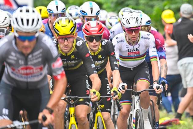 Tour de France 2025 Stage 2 BOULOGNE-SUR-MER, FRANCE - JULY 06 : Benoot Tiesj (BEL) of Team Visma - Lease a Bike, Vingegaard Jonas (DEN) of Team Visma - Lease a Bike, Pogacar Tadej (SLO) of UAE Team Emirates - XRG in the peloton during stage 2 of the 112th edition of Tour de France an UCI World Tour 2.UWT cycling road race stage for Men Elite of 212 km with start in Lauwin-Planque and finish in Boulogne-sur-Mer on July 6, 2025 in Boulogne-sur-Mer, France, 06 07 2025 ( Motordriver Kenny Verfaillie - Boulogne-sur-Mer France  Copyright: xJanxDexMeuleneirx