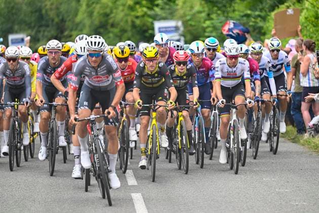 Tour de France 2025 Stage 2 BOULOGNE-SUR-MER, FRANCE - JULY 06 : Benoot Tiesj (BEL) of Team Visma - Lease a Bike, Vingegaard Jonas (DEN) of Team Visma - Lease a Bike, Pogacar Tadej (SLO) of UAE Team Emirates - XRG in the peloton during stage 2 of the 112th edition of Tour de France an UCI World Tour 2.UWT cycling road race stage for Men Elite of 212 km with start in Lauwin-Planque and finish in Boulogne-sur-Mer on July 6, 2025 in Boulogne-sur-Mer, France, 06 07 2025 ( Motordriver Kenny Verfaillie - Boulogne-sur-Mer France  Copyright: xJanxDexMeuleneirx