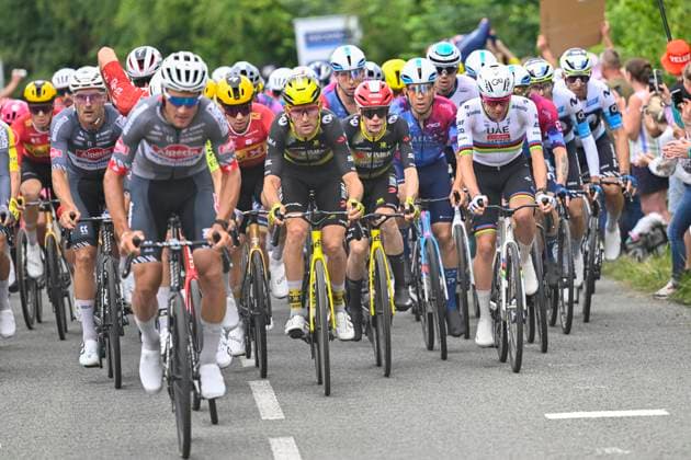 Tour de France 2025 Stage 2 BOULOGNE-SUR-MER, FRANCE - JULY 06 : Benoot Tiesj (BEL) of Team Visma - Lease a Bike, Vingegaard Jonas (DEN) of Team Visma - Lease a Bike, Pogacar Tadej (SLO) of UAE Team Emirates - XRG in the peloton during stage 2 of the 112th edition of Tour de France an UCI World Tour 2.UWT cycling road race stage for Men Elite of 212 km with start in Lauwin-Planque and finish in Boulogne-sur-Mer on July 6, 2025 in Boulogne-sur-Mer, France, 06 07 2025 ( Motordriver Kenny Verfaillie - Boulogne-sur-Mer France  Copyright: xJanxDexMeuleneirx