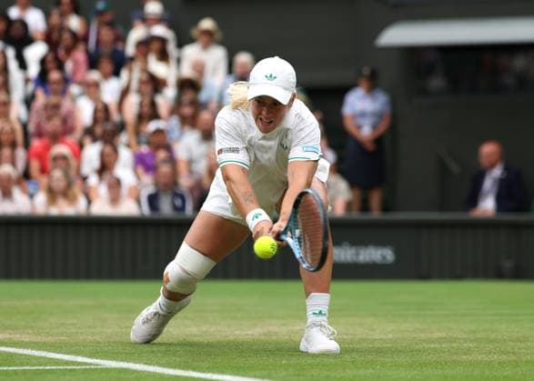 6th July 2025; All England Lawn Tennis and Croquet Club, London, England; Wimbledon Tennis Tournament, Day 7; Sonay Kartal (GBR) with a backhand shot to Anastasia Pavlyuchenkova (RUS)  ActionPlus12810512 JohnxPatrickxFletcher