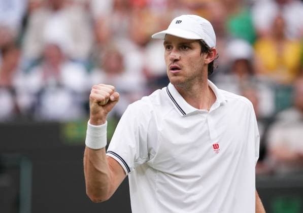LONDON, ENGLAND - JULY 06: Nicolas Jarry of Chile celebrates during the Gentlemen s Singles fourth round match on day seven of The Championships Wimbledon 2025 at All England Lawn Tennis and Croquet Club on July 06, 2025 in London, England  Copyright: xHiroshixSatox