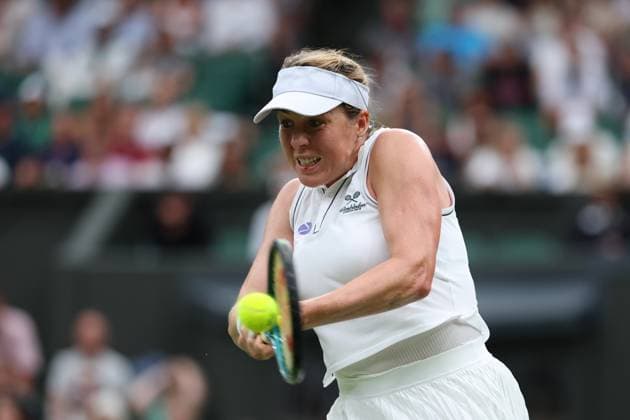 6th July 2025; All England Lawn Tennis and Croquet Club, London, England; Wimbledon Tennis Tournament, Day 7; Anastasia Pavlyuchenkova (RUS) with a backhand shot to Sonay Kartal (GBR) while wearing a Wimbledon logo on her playing vest  ActionPlus12810594 JohnxPatrickxFletcher