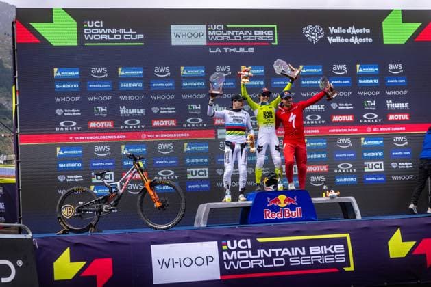 Whoop Downhill Worldcup La Thuile Podium Menat Whoop Downhill Worldcup La Thuile, 06.07.2025,in La Thuile,ITA Foto: Sebastian Sternemann