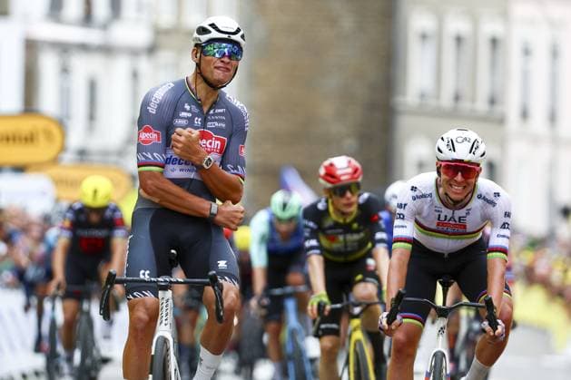 Dutch Mathieu van der Poel of Alpecin-Deceuninck celebrates after winning the second stage of the 2025 Tour de France cycling race, from Lauwin-Planque to Boulogne-sur-Mer (212 km), on Sunday 06 July 2025 in France. The 112th edition of the Tour de France starts on Saturday 5 July in Lille, and will finish in Paris on the 27th of July. DAVIDxPINTENS  x128547028x