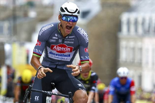 Dutch Mathieu van der Poel of Alpecin-Deceuninck celebrates after winning the second stage of the 2025 Tour de France cycling race, from Lauwin-Planque to Boulogne-sur-Mer (212 km), on Sunday 06 July 2025 in France. The 112th edition of the Tour de France starts on Saturday 5 July in Lille, and will finish in Paris on the 27th of July. DAVIDxPINTENS  x128547052x