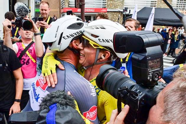 Tour de France 2025 Stage 2 BOULOGNE-SUR-MER, FRANCE - JULY 06 : Van Der Poel Mathieu (NED) of Alpecin - Deceuninck celebrating his victory with Philipsen Jasper (BEL) of Alpecin-Deceuninck during stage 2 of the 112th edition of Tour de France an UCI World Tour 2.UWT cycling road race stage for Men Elite of 212 km with start in Lauwin-Planque and finish in Boulogne-sur-Mer on July 6, 2025 in Boulogne-sur-Mer, France, 06 07 2025 ( Motordriver Kenny Verfaillie - Boulogne-sur-Mer France  Copyright: xPetexGodingx