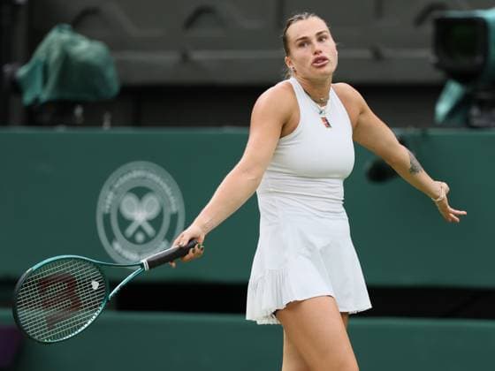 Belarussian Aryna Sabalenka reacts during a tennis match between Belgian Mertens and Belarusian Sabalenka, in the round of 16 of the women s singles at the 2025 Wimbledon grand slam tournament, Sunday 06 July 2025 at the All England Tennis Club, in South-West London, Britain. BENOITxDOPPAGNE  x128547779x