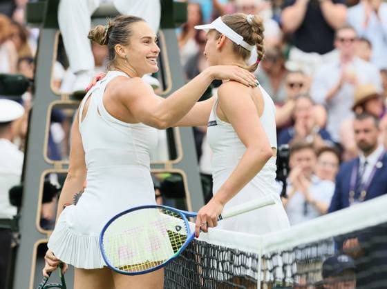 Belarussian Aryna Sabalenka and Belgian Elise Mertens pictured after a tennis match between Belgian Mertens and Belarusian Sabalenka, in the round of 16 of the women s singles at the 2025 Wimbledon grand slam tournament, Sunday 06 July 2025 at the All England Tennis Club, in South-West London, Britain. BENOITxDOPPAGNE  x128549972x