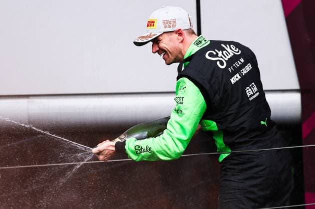 F1 - BRITISH GRAND PRIX 2025 HULKENBERG Nico (ger), Stake F1 Team Kick C45, portrait podium during the Formula 1 Qatar Airways British Grand Prix 2025, 12th round of the 2025 FIA Formula One World Championship, WM, Weltmeisterschaft from July 4 to 6, 2025 on the Silverstone Circuit, in Silverstone, United Kingdom - SilverstoneUnited Kingdom  Copyright: xEricxAlonsox