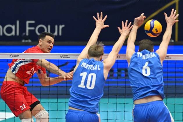 From left Czech Marek Frantisek Perry, Luka Marttila, Petteri Tyynismaa, both of Finland in action during the Men s Volleyball European Golden League - Final Four tournament: final game, Czechia vs Finland in Brno, Czech Republic, July 6, 2025. (CTKxPhoto VaclavxSalek) CTKPhotoP2025070604418  CTKPhotoP2025070604418