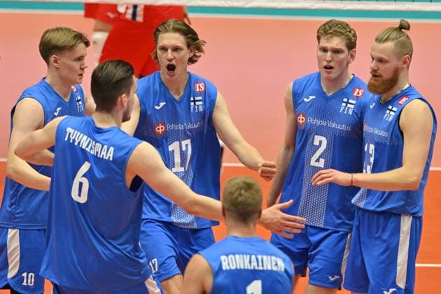 From left volleyball players of Filnand Luka Marttila, Petteri Tyynismaa, Severi Savonsalmi, Antti Ronkainen, Fedor Ivanov, Joonas Jokela in action during the Men s Volleyball European Golden League - Final Four tournament: final game, Czechia vs Finland in Brno, Czech Republic, July 6, 2025. (CTKxPhoto VaclavxSalek) CTKPhotoP2025070604884  CTKPhotoP2025070604884