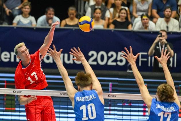 From left Czech Marek Sotola, Luka Marttila, Severi Savonsalmi, both of Finland in action during the Men s Volleyball European Golden League - Final Four tournament: final game, Czechia vs Finland in Brno, Czech Republic, July 6, 2025. (CTKxPhoto VaclavxSalek) CTKPhotoP2025070604889  CTKPhotoP2025070604889
