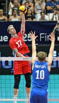 From left Czech Marek Sotola, Luka Marttila of Finland in action during the Men s Volleyball European Golden League - Final Four tournament: final game, Czechia vs Finland in Brno, Czech Republic, July 6, 2025. (CTKxPhoto VaclavxSalek) CTKPhotoP2025070604893  CTKPhotoP2025070604893
