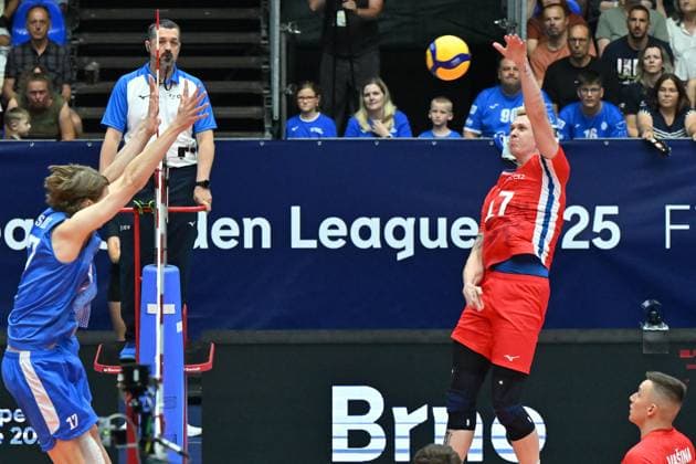 From left Severi Savonsalmi of Finland, Marek Sotola of Czech Republic in action during the Men s Volleyball European Golden League - Final Four tournament: final game, Czechia vs Finland in Brno, Czech Republic, July 6, 2025. (CTKxPhoto VaclavxSalek) CTKPhotoP2025070604942  CTKPhotoP2025070604942