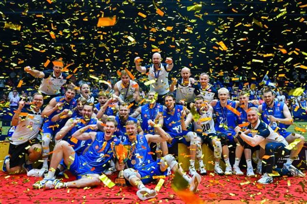 Volleyball players of Finland men s national volleyball team celebrate victory after the Men s Volleyball European Golden League - Final Four tournament: final game, Czechia vs Finland in Brno, Czech Republic, July 6, 2025. The Czech team lost to Finland 1-3 in the finals of the men s volleyball Final Four European League. (CTKxPhoto VaclavxSalek) CTKPhotoP2025070605259  CTKPhotoP2025070605259