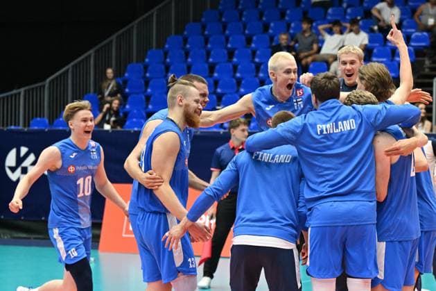 Volleyball players of Finland men s national volleyball team celebrate victory after the Men s Volleyball European Golden League - Final Four tournament: final game, Czechia vs Finland in Brno, Czech Republic, July 6, 2025. The Czech team lost to Finland 1-3 in the finals of the men s volleyball Final Four European League. (CTKxPhoto VaclavxSalek) CTKPhotoP2025070605317  CTKPhotoP2025070605317