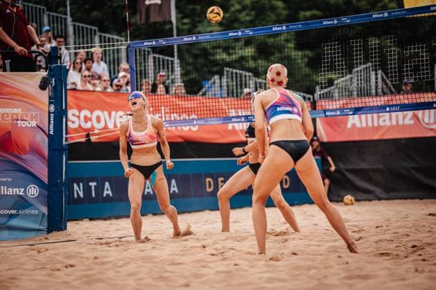 Beachvolleyball Frauen Allianz German Beach Tour 2025 Tourstop München 06.07.2025 Paula Schürholz jubelt München Zentraler Hochschulsport Münche Bayern Deutschland