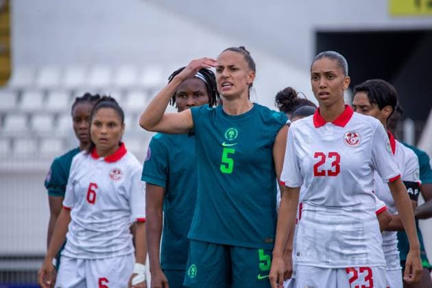CASABLANCA, MOROCCO - JULY 6: Plumptre Ashleigh Mergan of Nigeria and Rania Aouina and Myriam Bayahia of Nigeria during the 2024 Women s Africa Cup of Nations (Wafcon) between Nigeria and Tunisia at the Stade Larbi Zaouli on July 6, 2025 in Casablanca, Morocco. Photo by Justina Aniefiok Copyright: xx