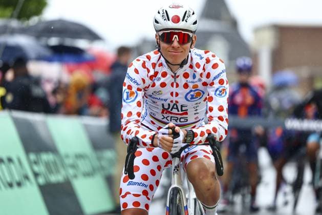 Slovenian Tadej Pogacar of UAE Team Emirates wearing the red polka-dot jersey pictured at the start of the third stage of the 2025 Tour de France cycling, from Valenciennes to Dunkerque (178 km) on Monday 07 July 2025 in France. The 112th edition of the Tour de France starts on Saturday 5 July in Lille, France, and will finish in Paris, France on the 27th of July. DAVIDxPINTENS  x128593450x